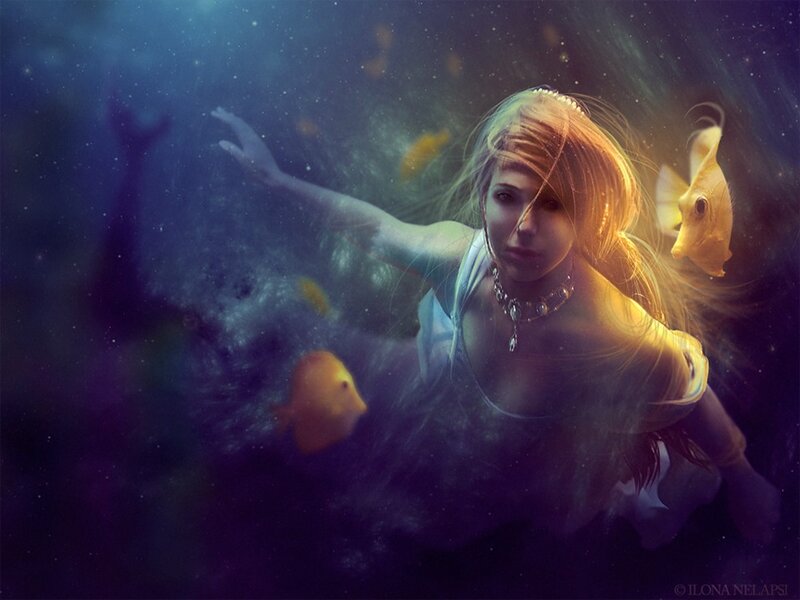 Woman Underwater with Fish — Blue, Serene, Digital Art, Necklace