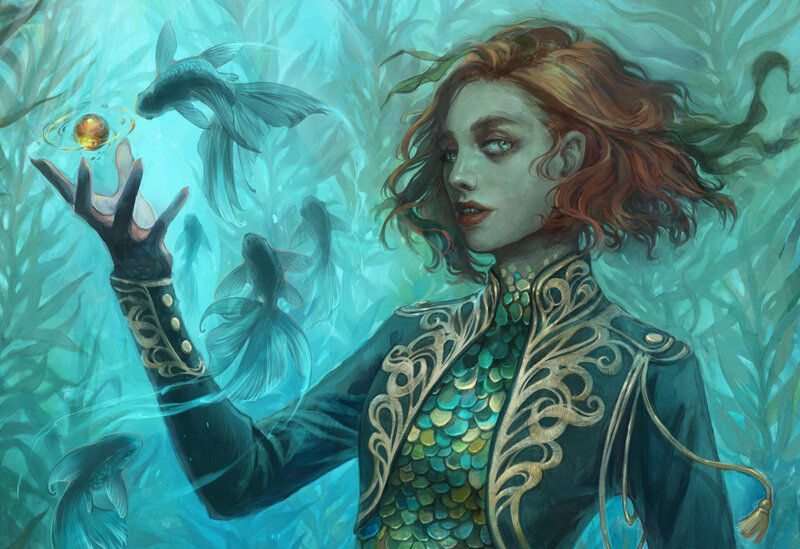 Woman Underwater with Fish — Blue, Serene, Digital Art, Seaweed, Orb