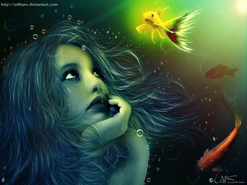 Woman Underwater with Fish — Green, Serene