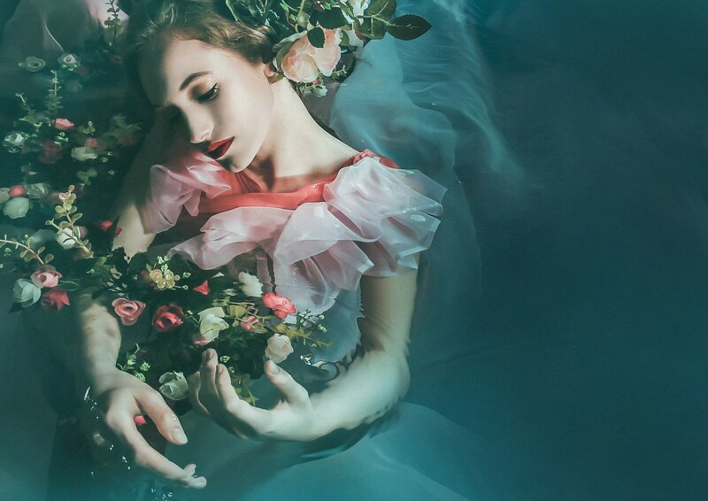 Woman Underwater with Flowers — Blue, Serene, Photograph