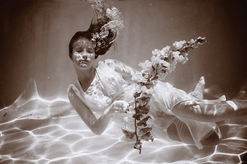 Woman Underwater with Flowers — Brown