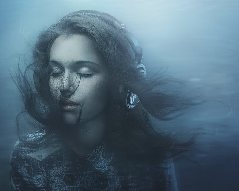 Woman Underwater with Headphones — Blue