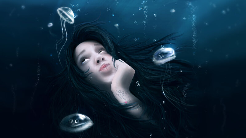 Woman Underwater with Jellyfish — Blue