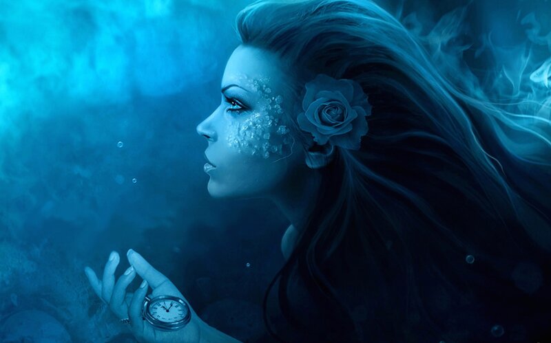 woman underwater with pocket watch