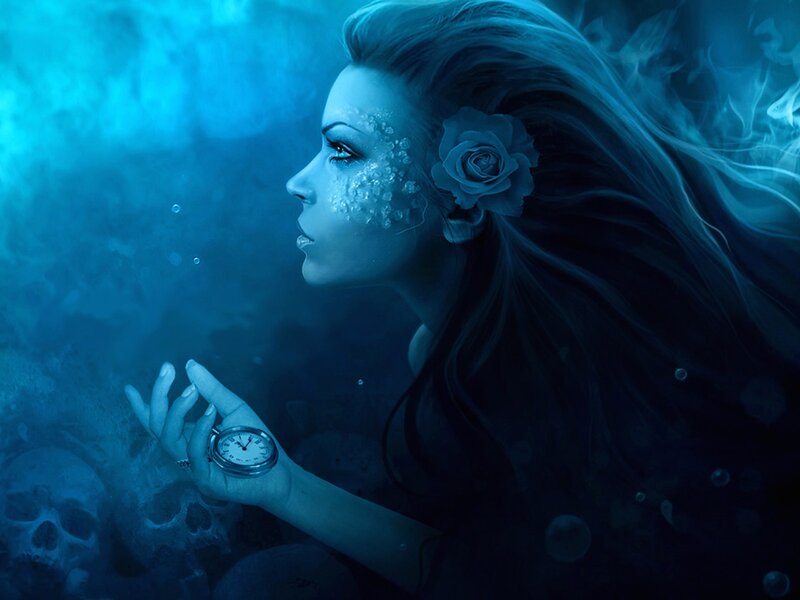 woman underwater with pocket watch