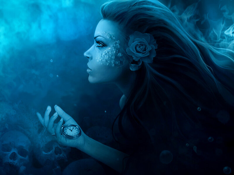 woman underwater with pocket watch