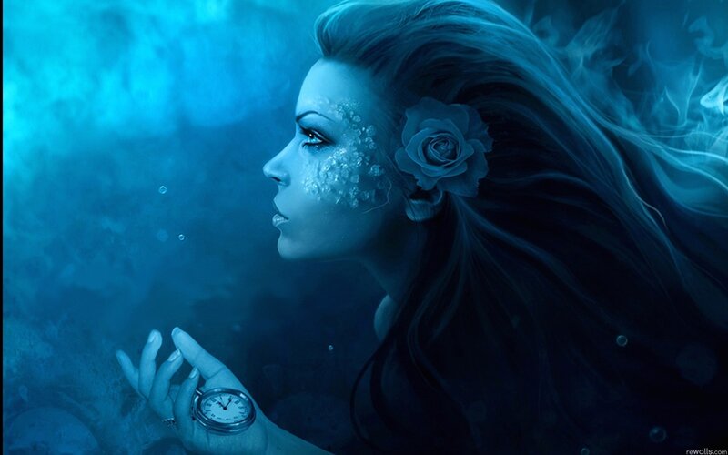 woman underwater with pocket watch