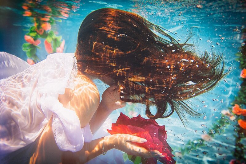 Woman Underwater with Rose — Blue, Serene