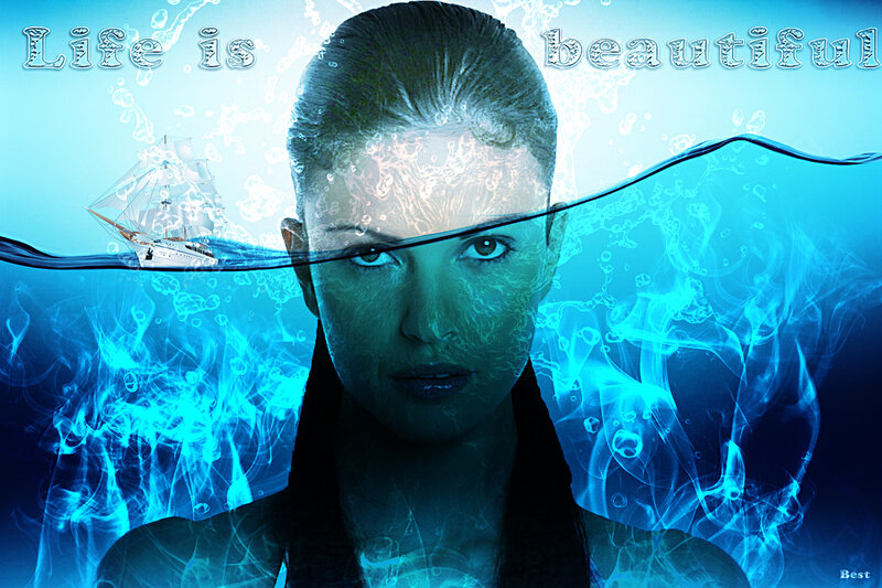woman underwater with ship