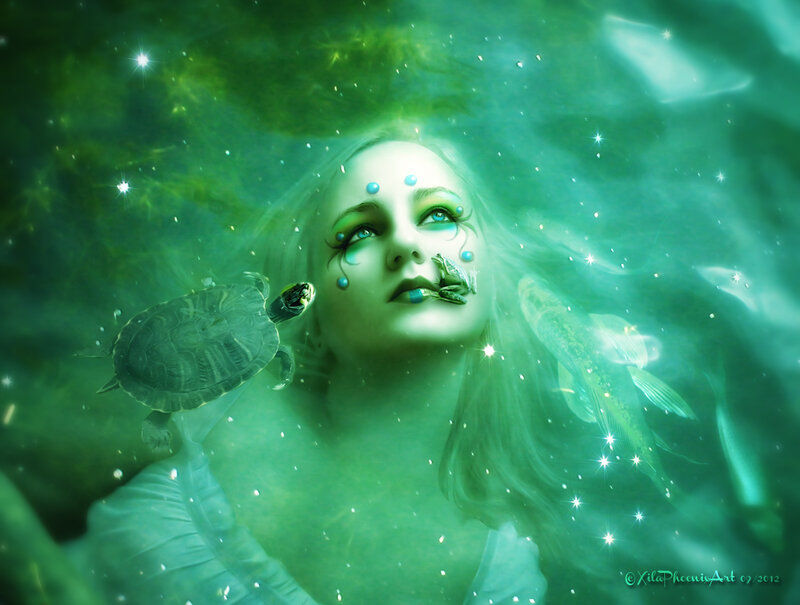 Woman Underwater with Turtle