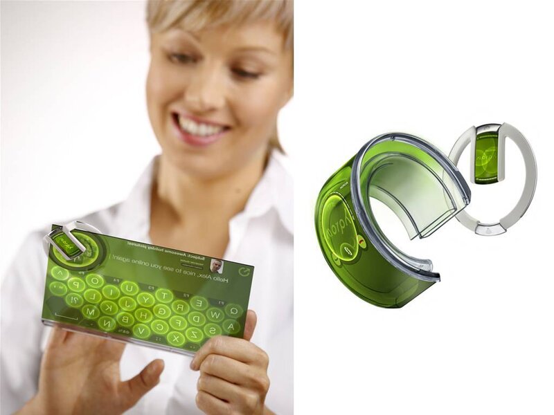 woman using futuristic green phone
