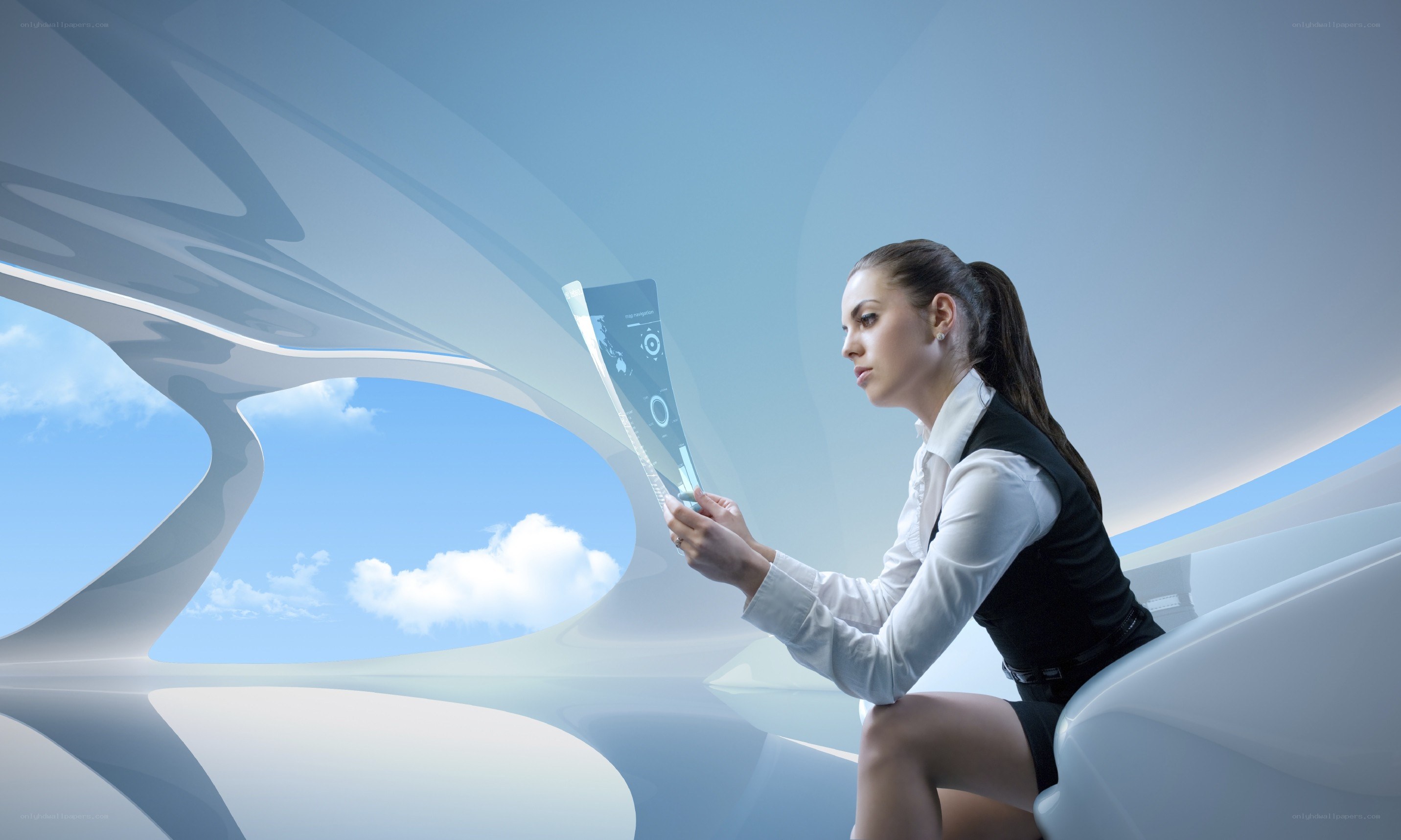 woman using futuristic tablet