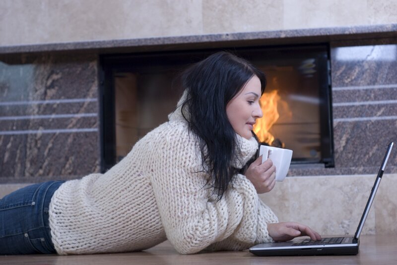 Woman Using Laptop — Beige