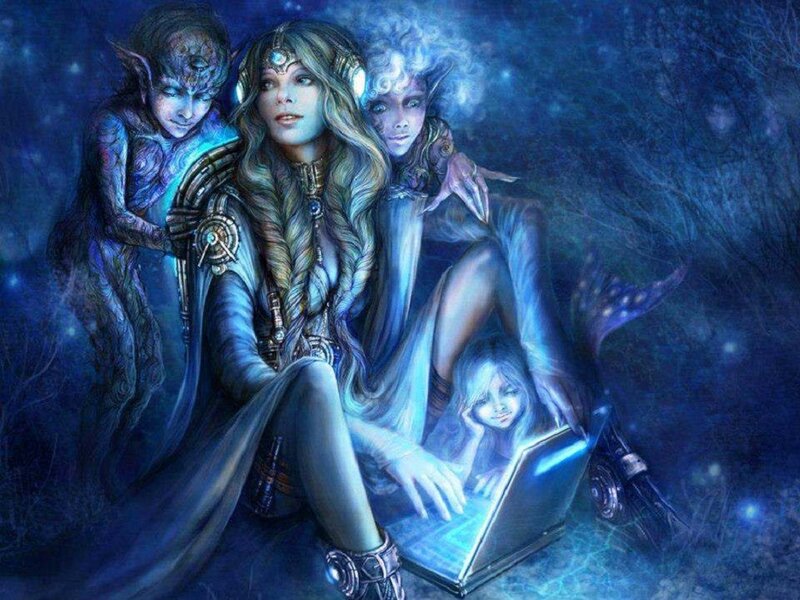 Woman Using Laptop — Blue, Mystical