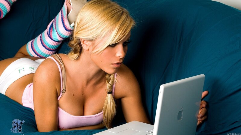 Woman Using Laptop — Blue, Relaxed, Photograph, Bed