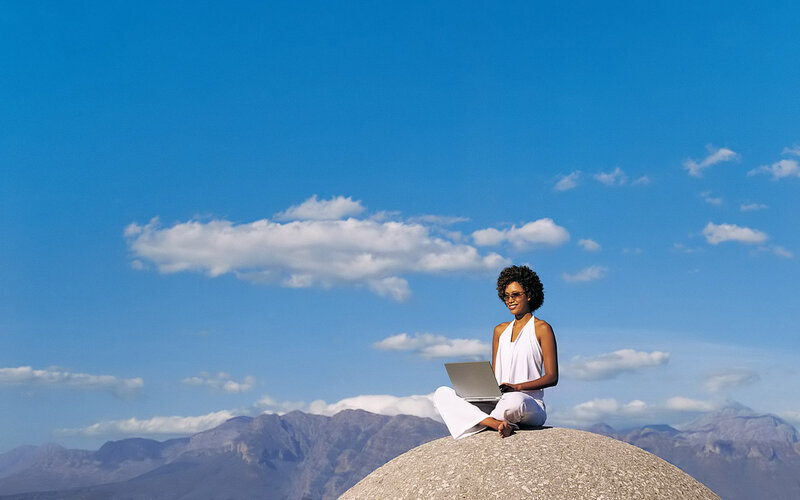 Woman Using Laptop — Blue, Serene