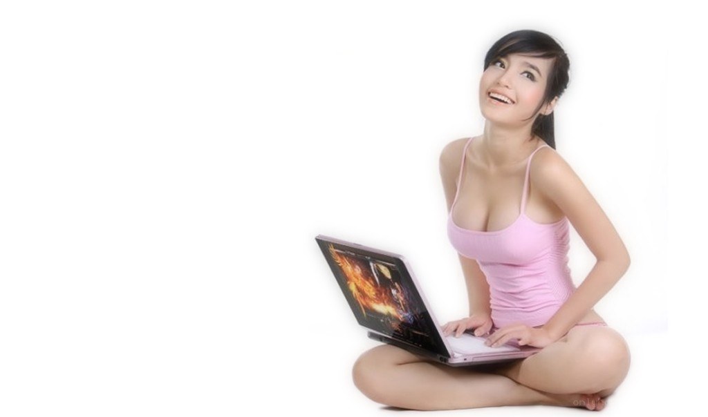 woman using laptop on white background