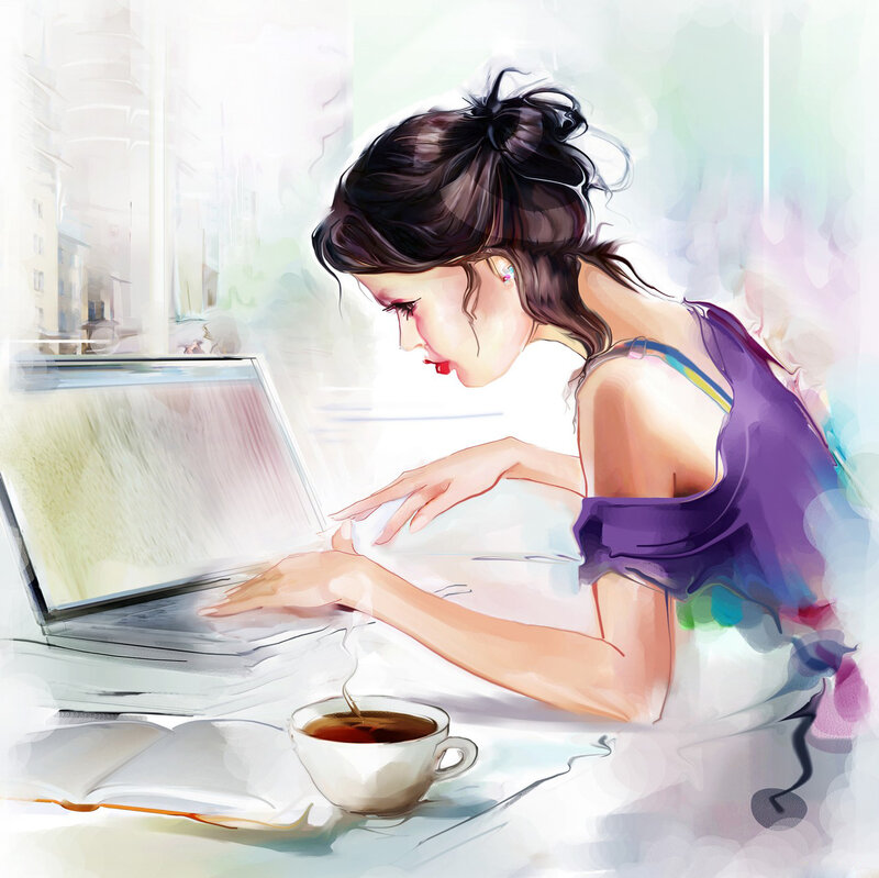 Woman Using Laptop — White, Calm, Morning, Illustration