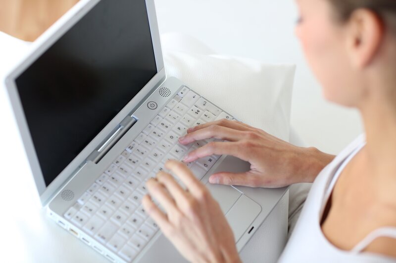 Woman Using Laptop — White, Calm, Photograph, Pillow
