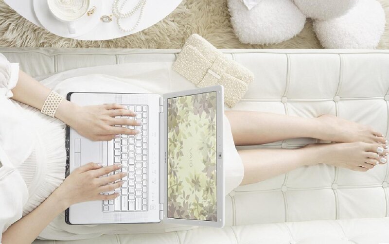Woman Using Laptop — White, Calm, Photograph