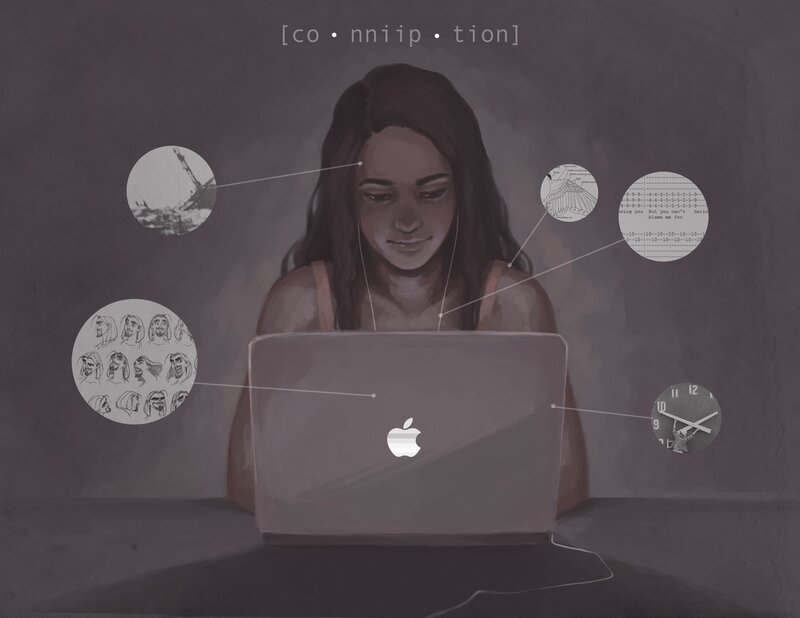 woman using laptop with thought bubbles