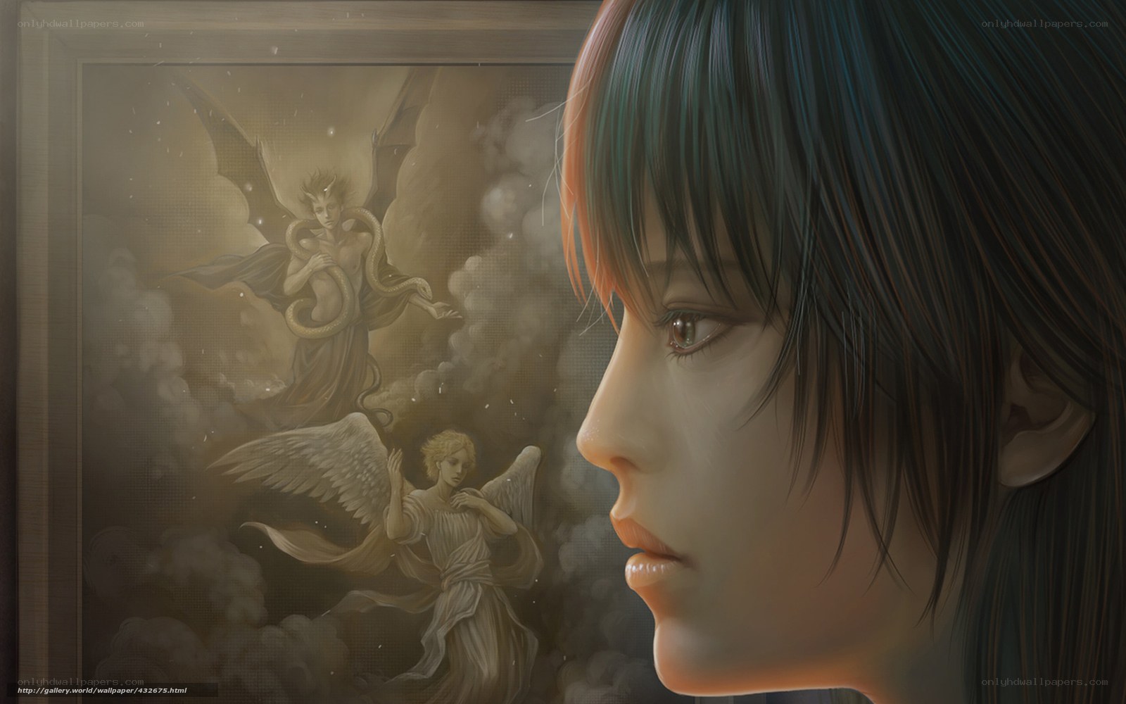 woman viewing angelic painting