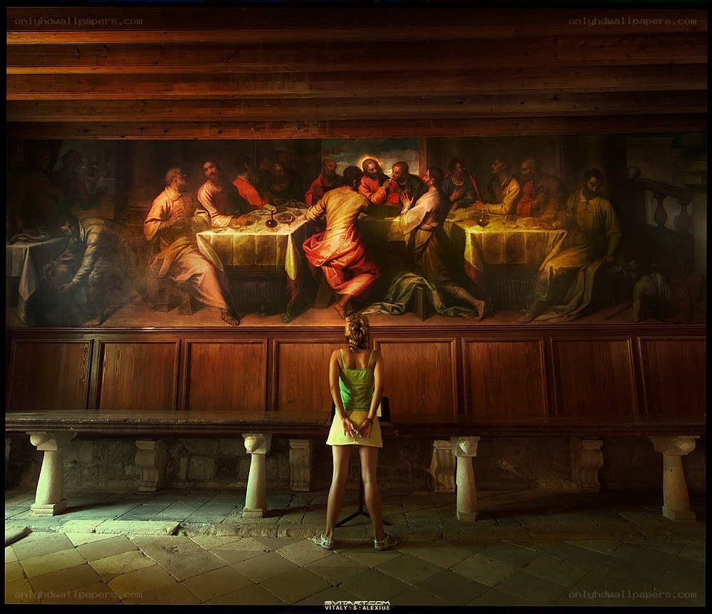 Woman viewing Last Supper mural