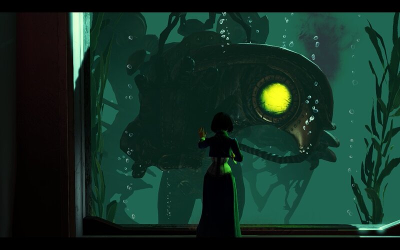 Woman Viewing Sea Creature — Green, Dramatic