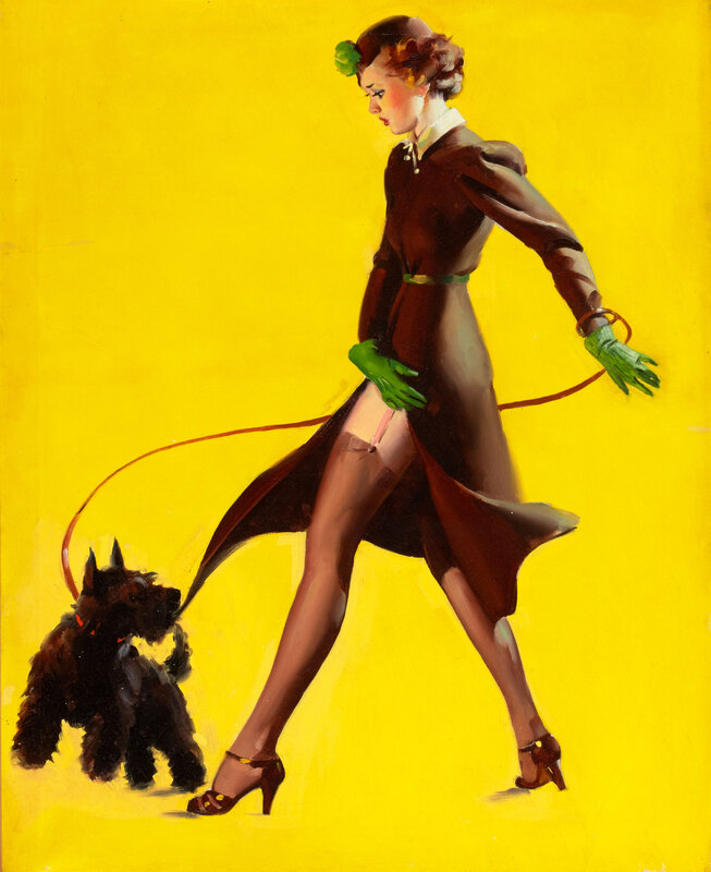 Woman walking a dog in vintage style