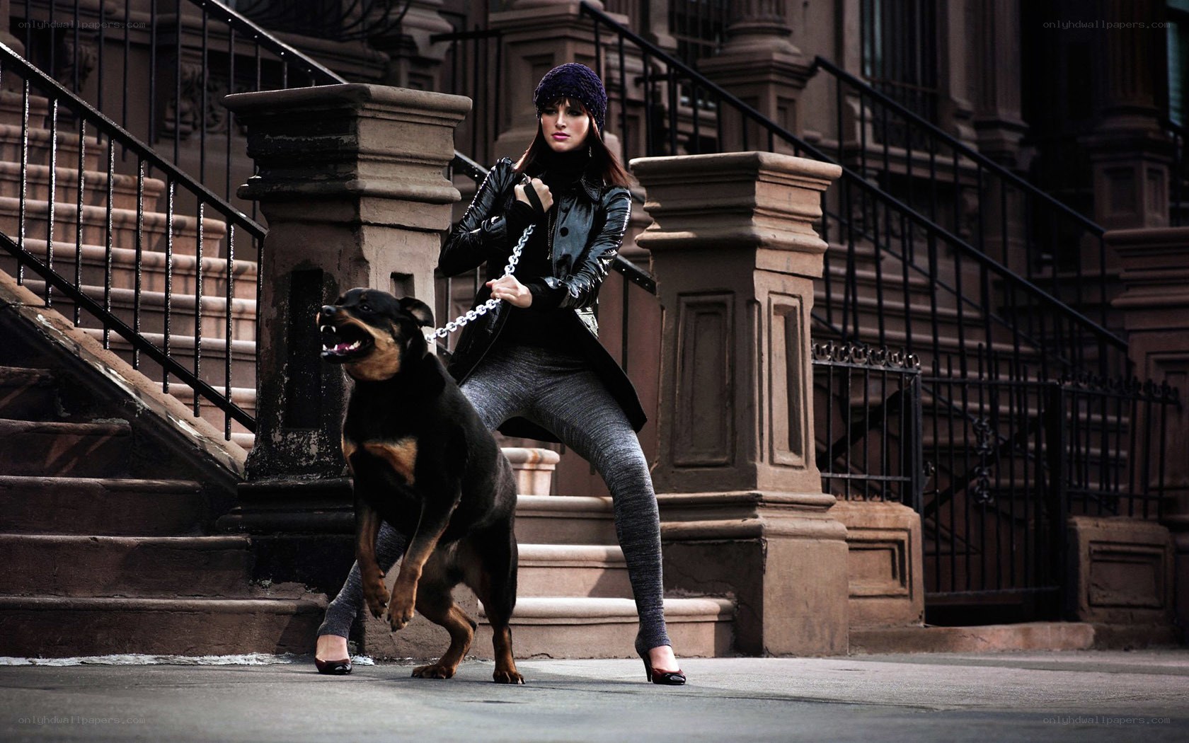 Woman walking aggressive dog