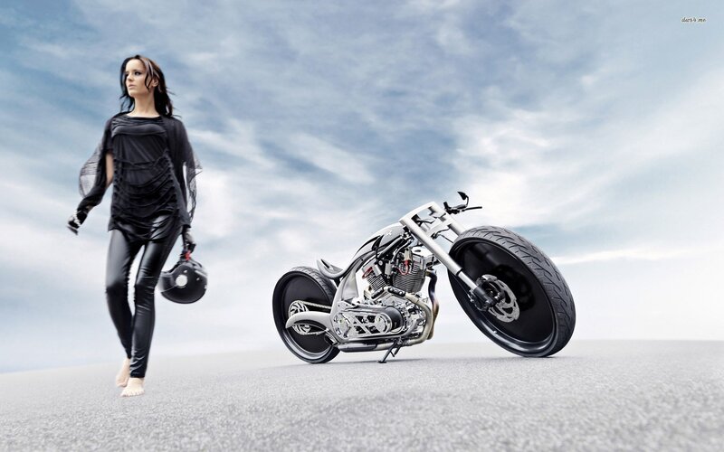 Woman Walking Beside Motorcycle