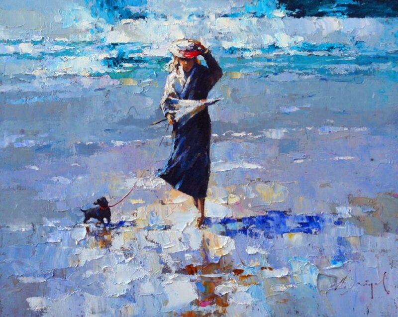 Woman Walking Dog — Blue, Calm