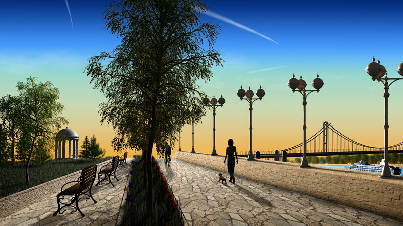 Woman Walking Dog — Blue, Serene