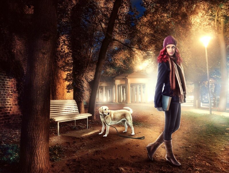 Woman Walking Dog — Brown, Dramatic