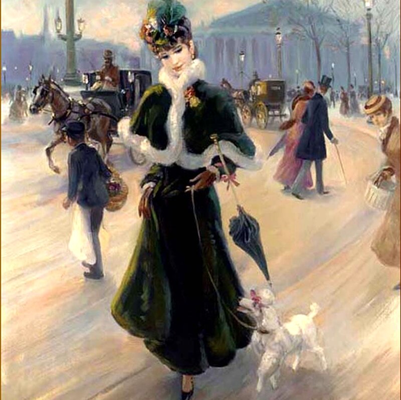 Woman Walking Dog — Green, Bustling