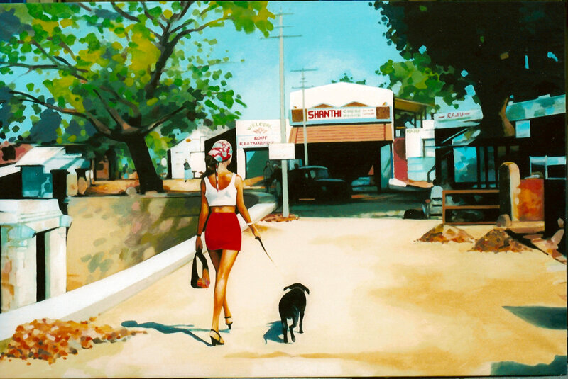 Woman Walking Dog — Green, Calm