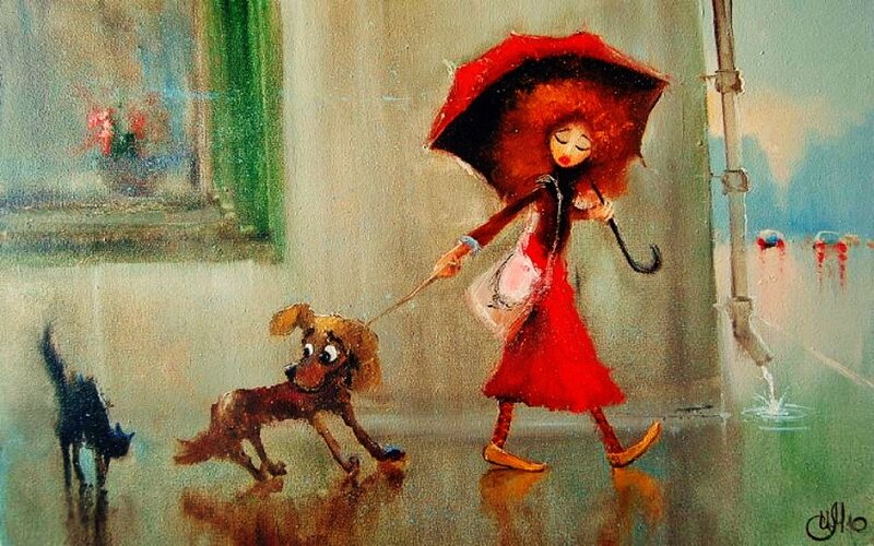 Woman Walking Dog in Rain