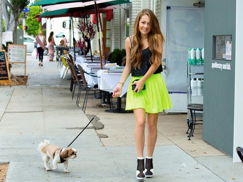 Woman Walking Dog — Neon Green