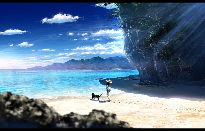Woman Walking Dog on Beach — Blue