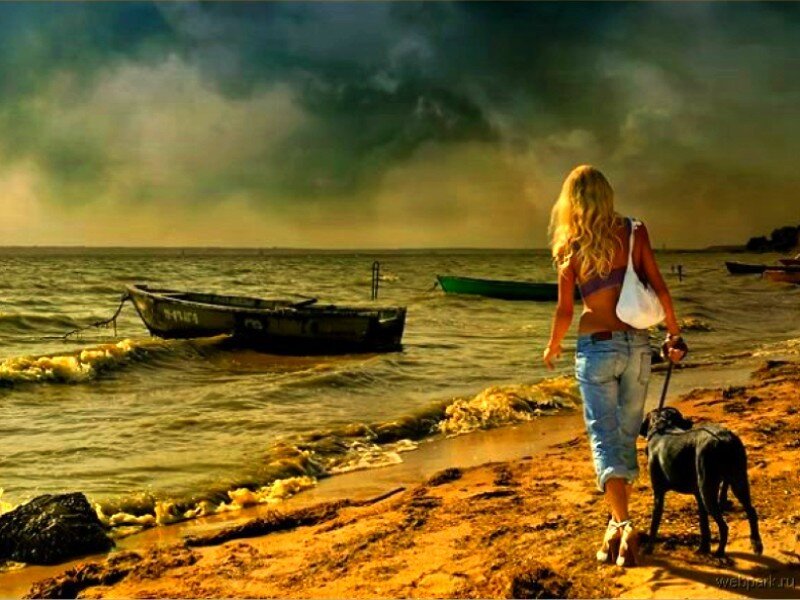 Woman walking dog on beach
