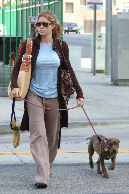 Woman walking dog on street