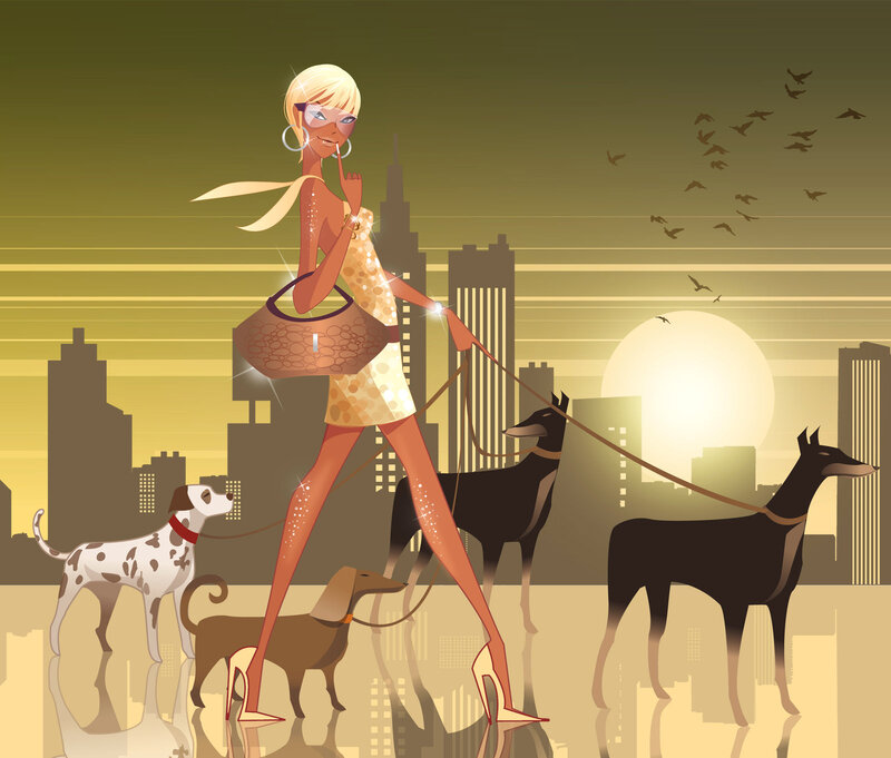 Woman Walking Dogs — Yellow