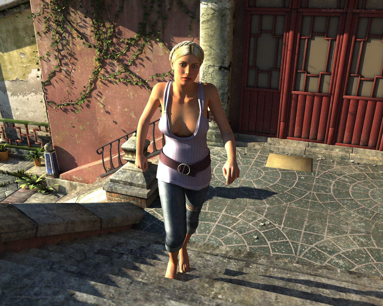 woman walking down stairs