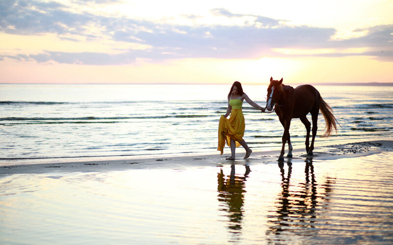Woman Walking Horse on Beach — Yellow