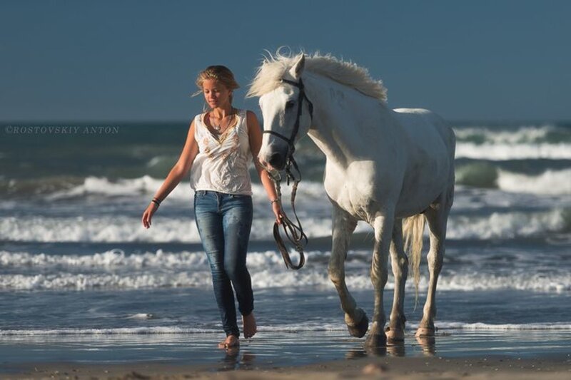 Woman Walking Horse — White