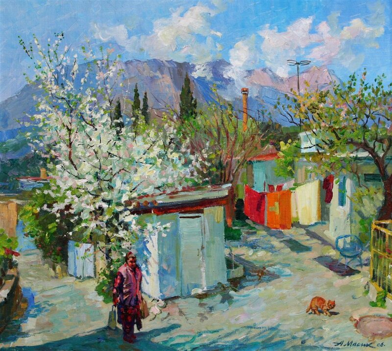 Woman Walking in Courtyard