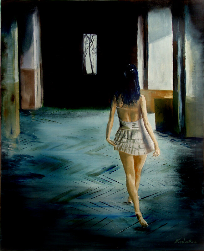 woman walking in dim room
