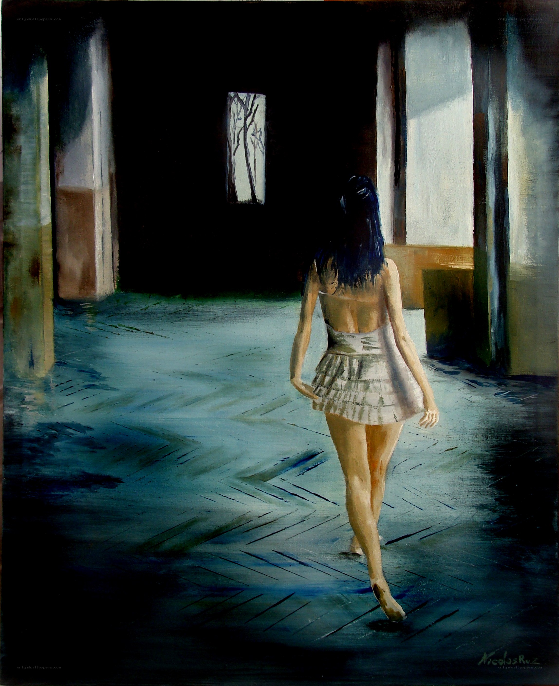 woman walking in dim room