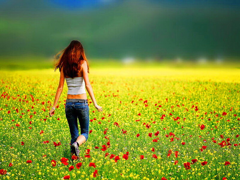 Woman Walking in Field — Yellow