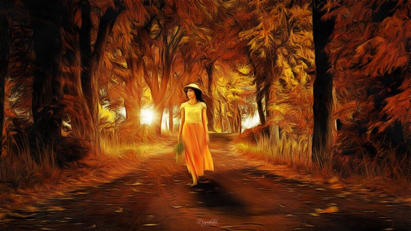 Woman Walking in Forest — Orange